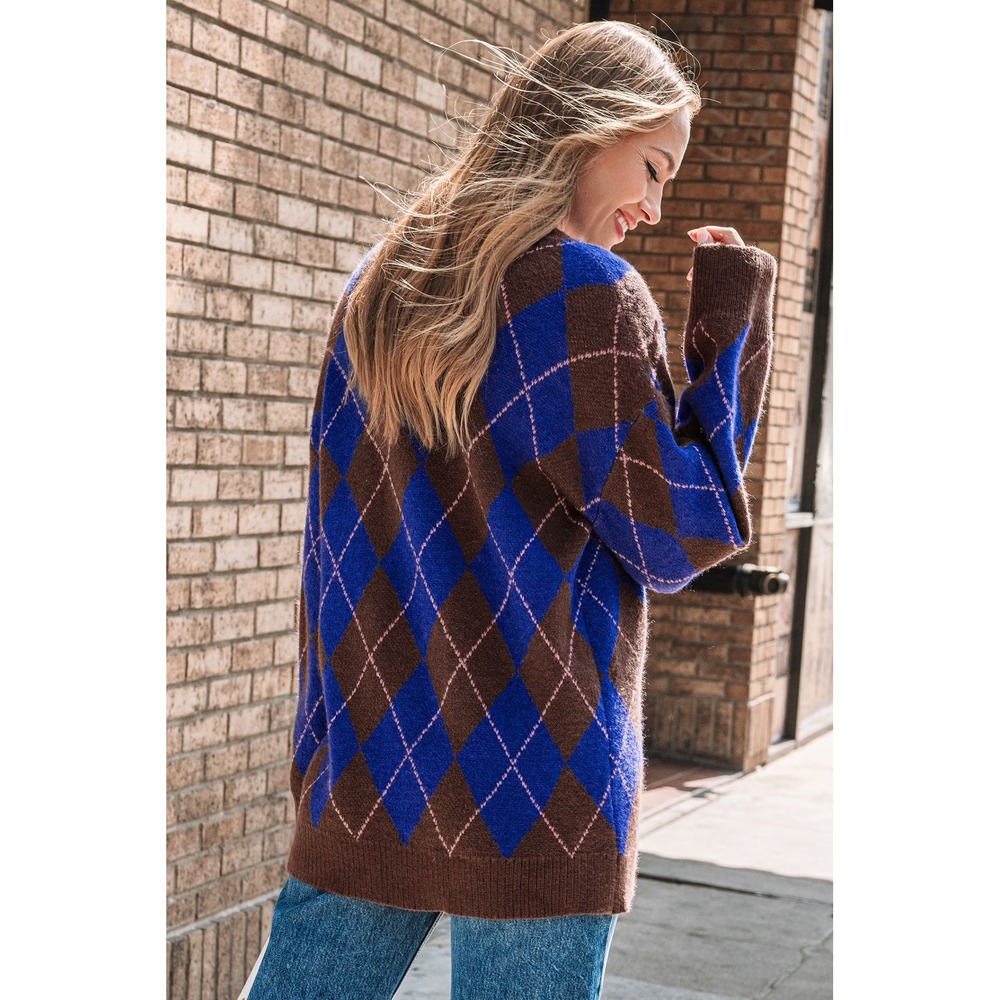 Cupshe Brown Blue Argyle Oversized V-Neck Button Cardigan Sweater - Picture 3 of 7